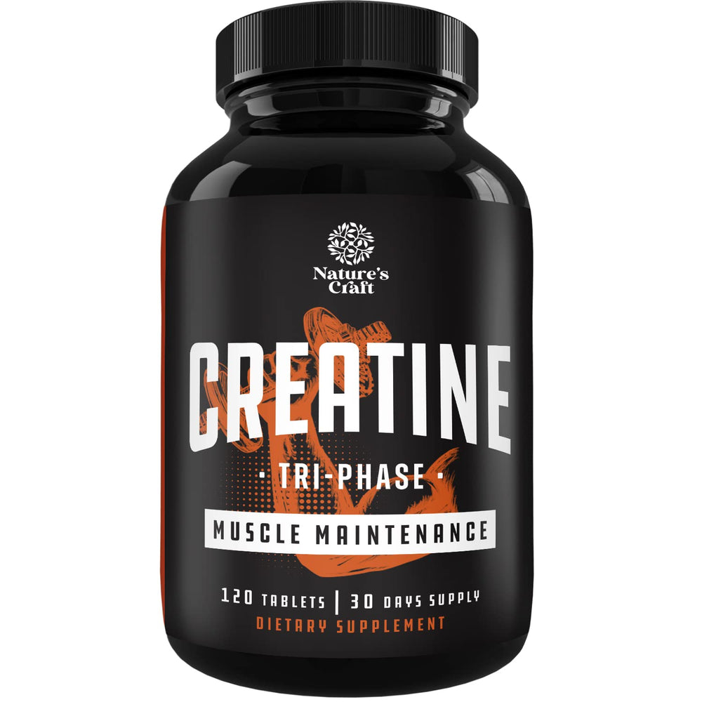 Natures Craft Tri-Phase Creatine Tablets bottle on white background