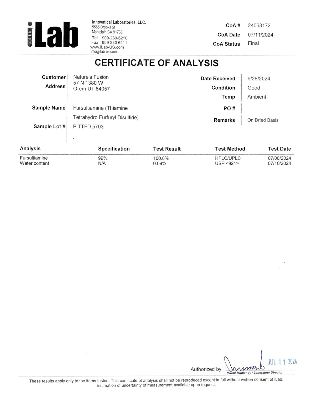 Third-party lab testing certificate