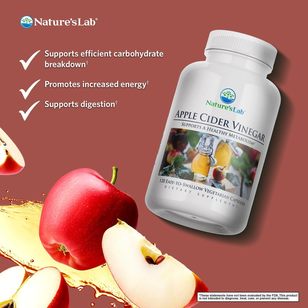 Close-up of Apple Cider Vinegar label displaying 120 capsules per bottle