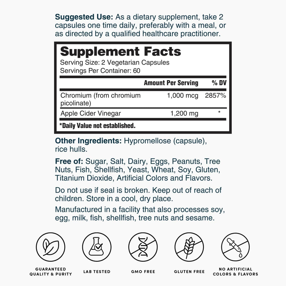 Supplement facts panel for Nature's Lab ACV 1200mg