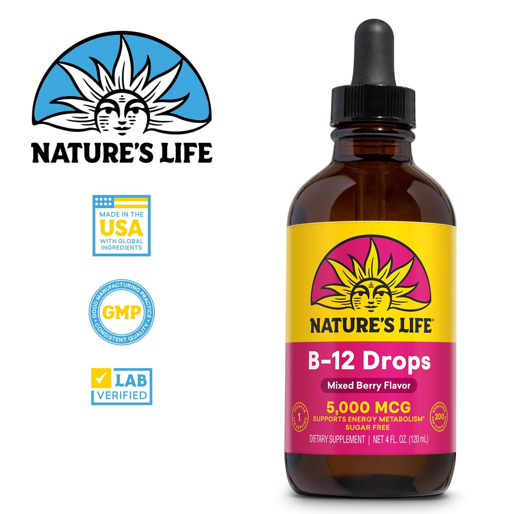 Close-up of Nature's Life B12 Drops 5000 mcg methylcobalamin label
