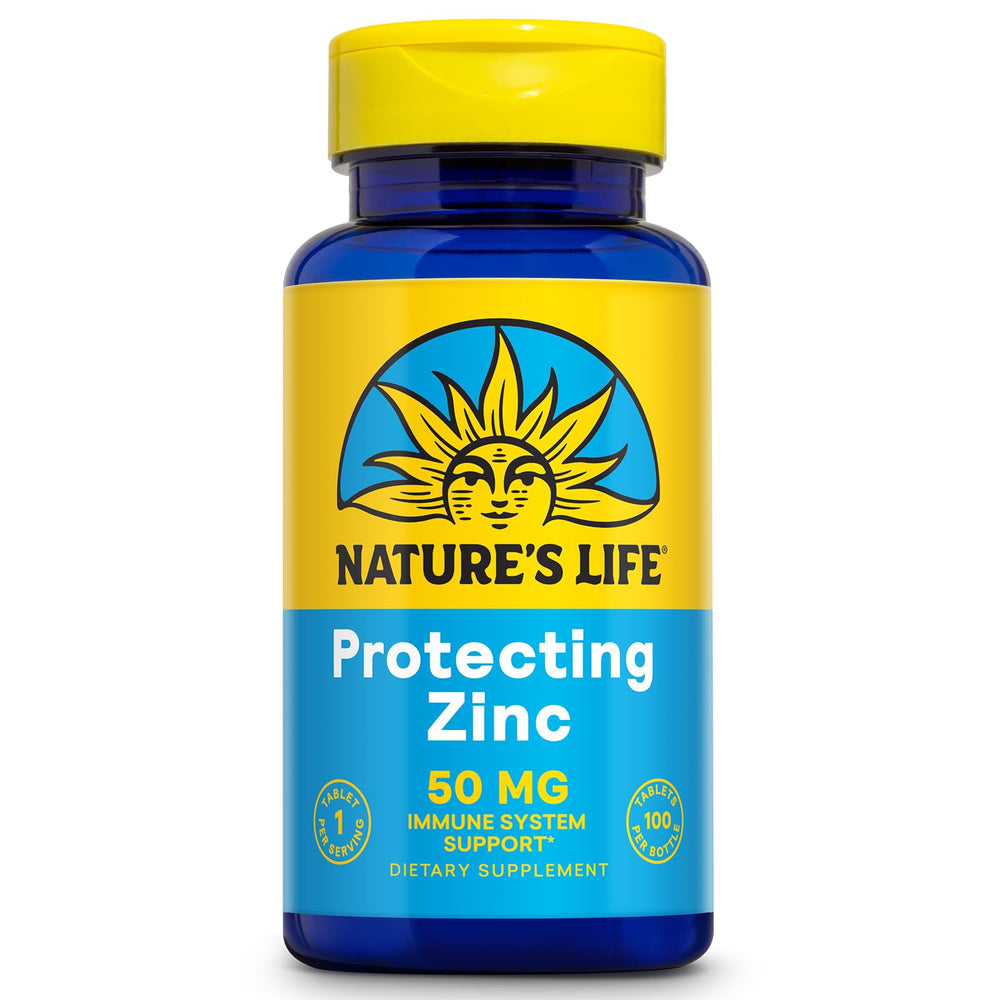 Bottle of Nature's Life Protecting Zinc 50mg with Copper for immune support