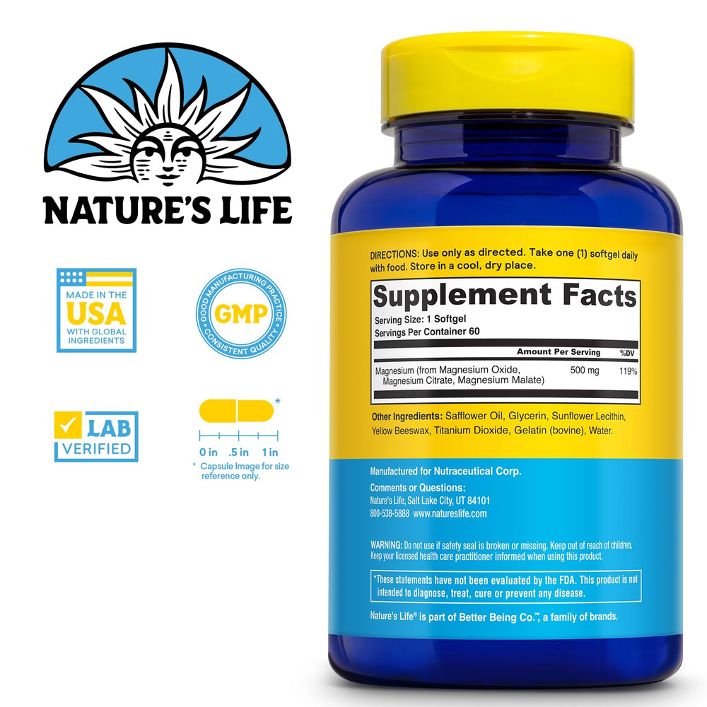 Nature's Life SoftMag 500 mg bottle back label with nutrition information