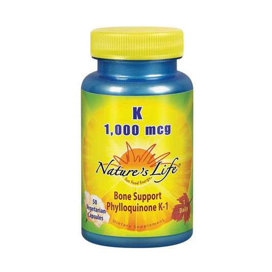 Front view of Nature's Life Vitamin K 1000mcg bottle (50 count)
