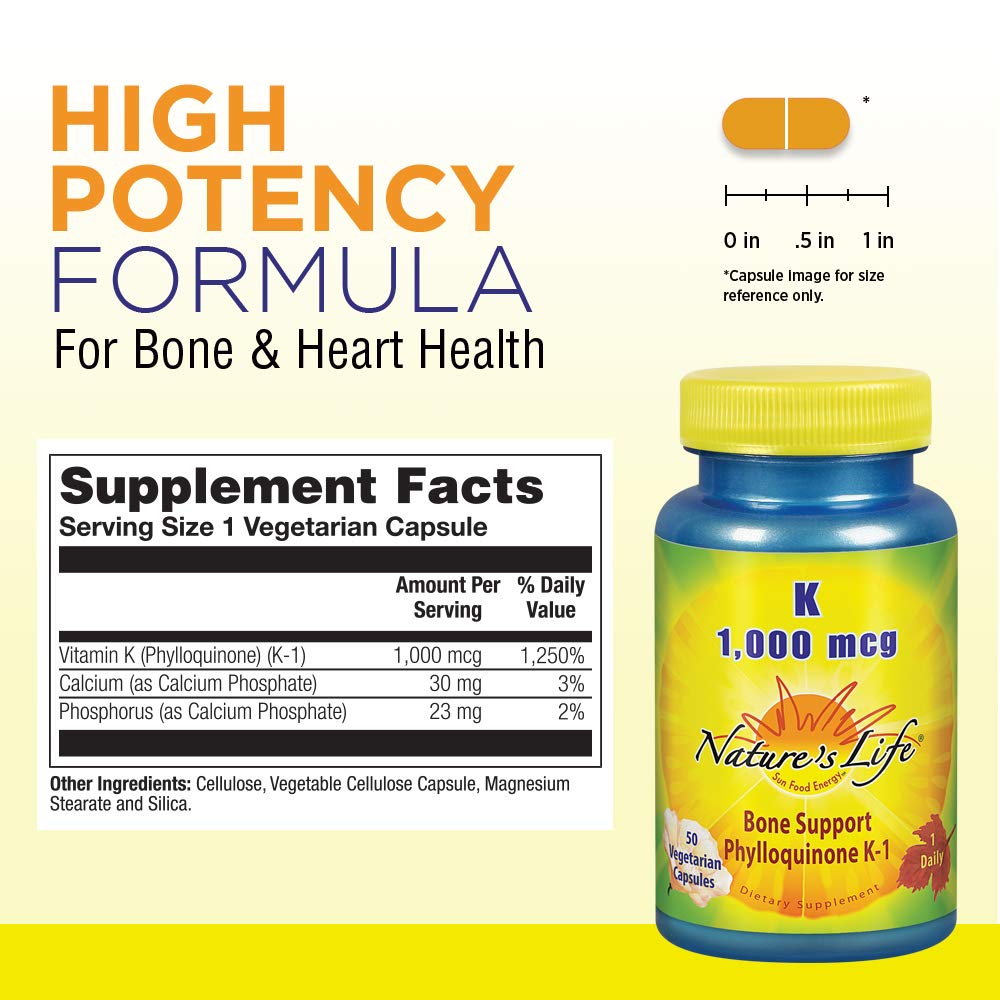 Graphic showing ingredients and purity verification for Vitamin K 1000mcg