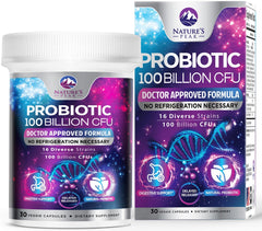 Nature's Peak Probiotics bottle displaying 100B CFU and 16 strains