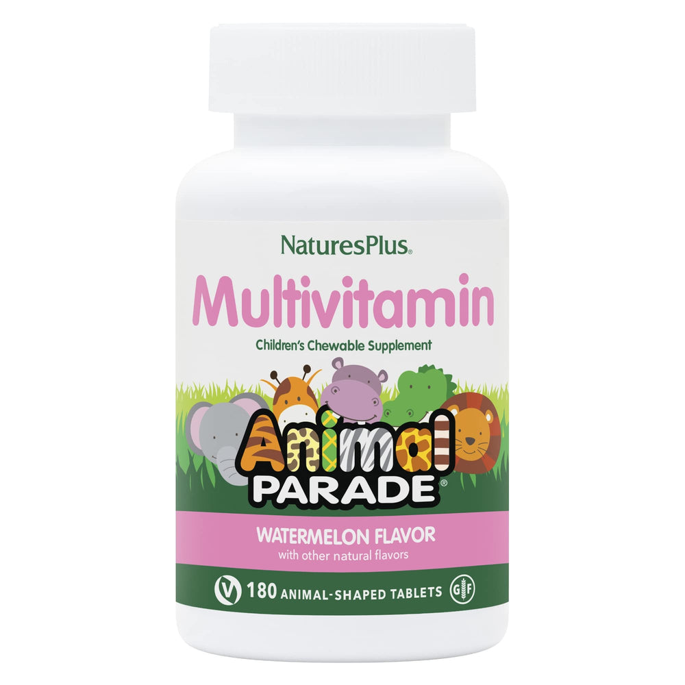 Front view of Natures Plus Animal Parade Children's Multivitamin bottle with 180 watermelon-flavored animal-shaped chewables