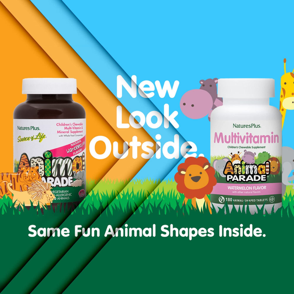 Close-up of an Animal Parade chewable tablet shaped like a friendly animal