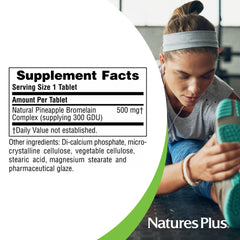 Close-up of Natures Plus Bromelain 500 mg bottle with tablets