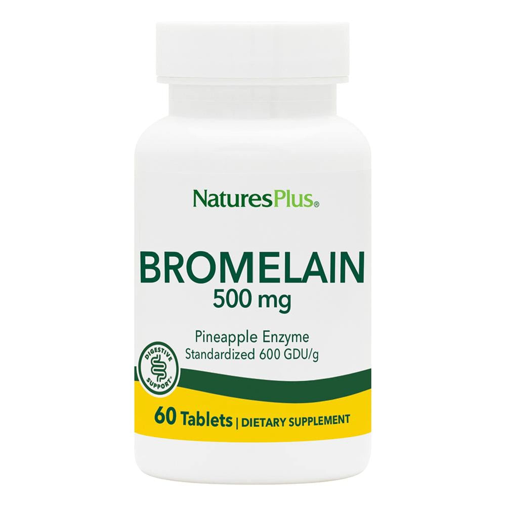 Front view of Natures Plus Bromelain 500 mg bottle with 60 vegetarian tablets