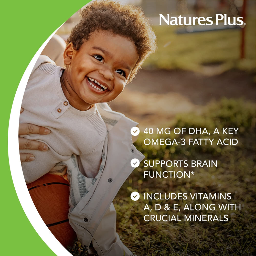 Label showing vegetarian-friendly, algae-sourced DHA with vitamins A, D, and E
