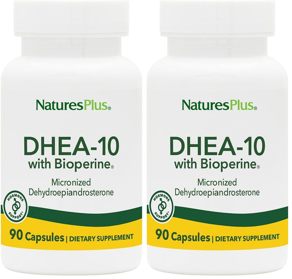 Natures Plus DHEA 10 with Bioperine bottle and 90 vegetarian capsules in a 2-pack