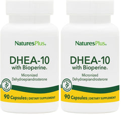 Natures Plus DHEA 10 with Bioperine bottle and 90 vegetarian capsules in a 2-pack