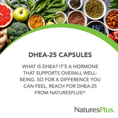 Supplement facts panel showing 25 mg DHEA per capsule