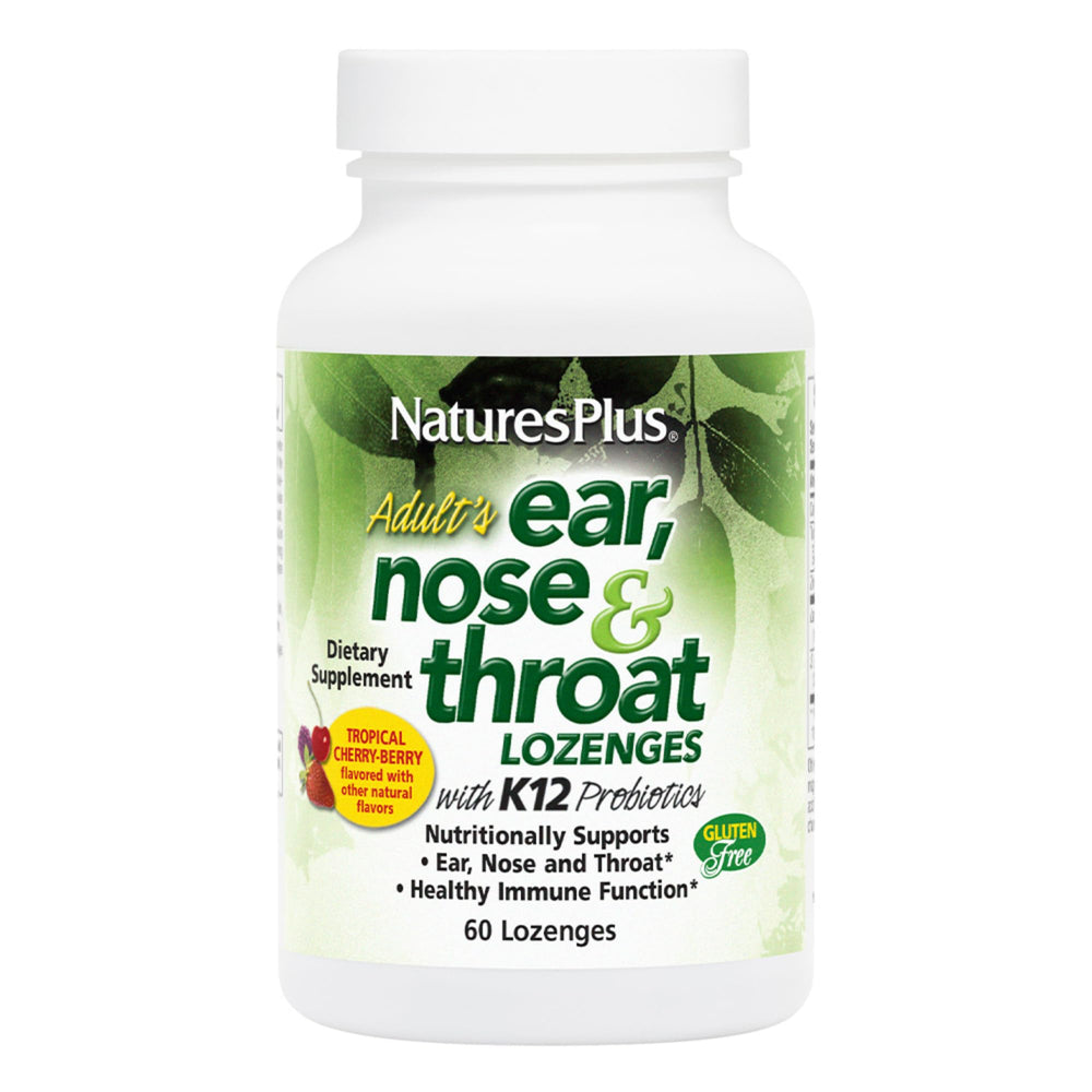 Natures Plus Ear Nose Throat probiotic lozenges with K12 and tropical cherry-berry flavor