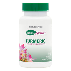 Front view of Natures Plus Herbal Actives Turmeric 400 mg bottle with 60 vegan capsules