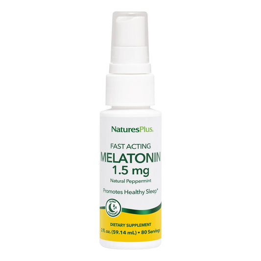 Front view of Natures Plus Melatonin Lipoceutical Spray bottle with peppermint flavor label