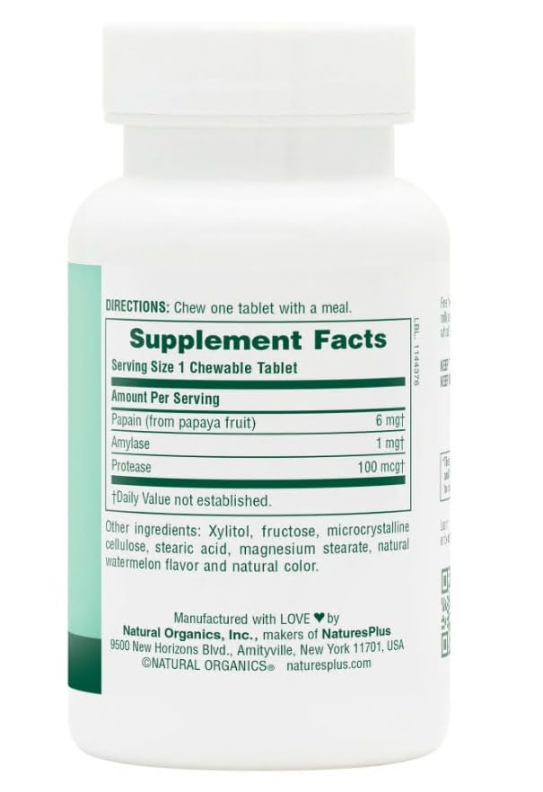 Close-up of the Natures Plus Papaya Enzyme bottle label
