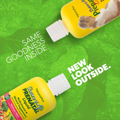 Close-up of liquid prenatal formula highlighting whole-food ingredients