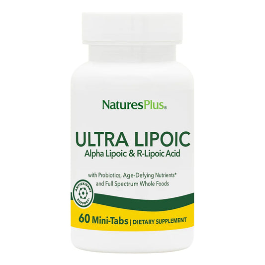 Front view of Natures Plus Ultra Lipoic 60 Bi-Layered Mini-Tabs bottle.
