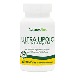 Front view of Natures Plus Ultra Lipoic 60 Bi-Layered Mini-Tabs bottle.