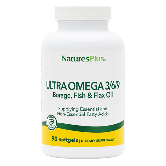 Bottle of Natures Plus Ultra Omega 3-6-9 with 1200 mg and 90 softgels