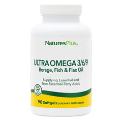Bottle of Natures Plus Ultra Omega 3-6-9 with 1200 mg and 90 softgels