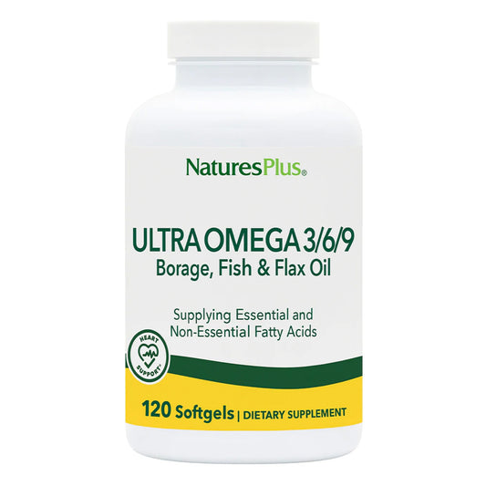Bottle of Natures Plus Ultra Omega 3-6-9 1200 mg with label