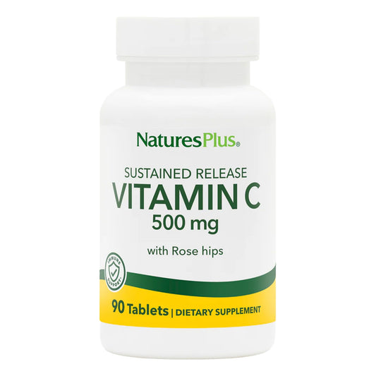 Front bottle label of Natures Plus Vitamin C with Rose HIPS 500 mg