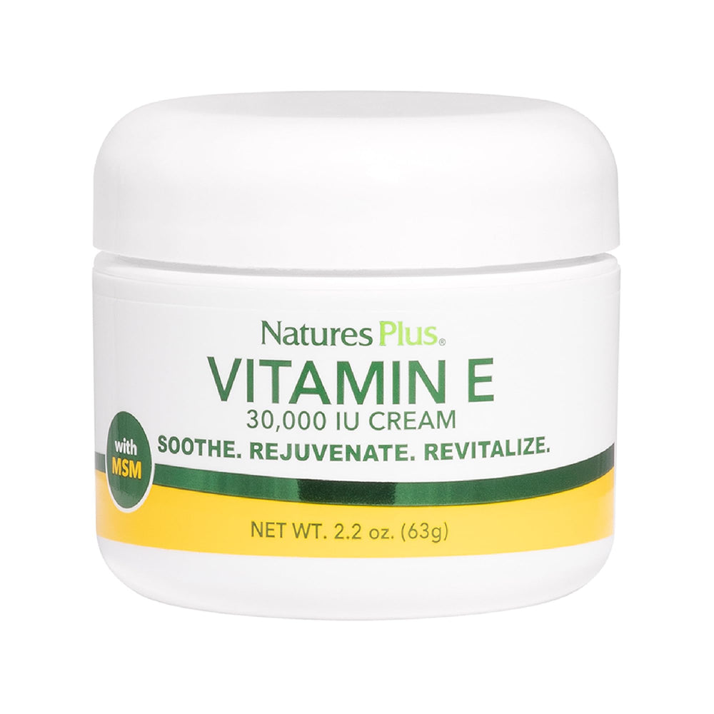 Front view of Natures Plus Vitamin E Cream bottle with 30,000 IU, 2.2 oz