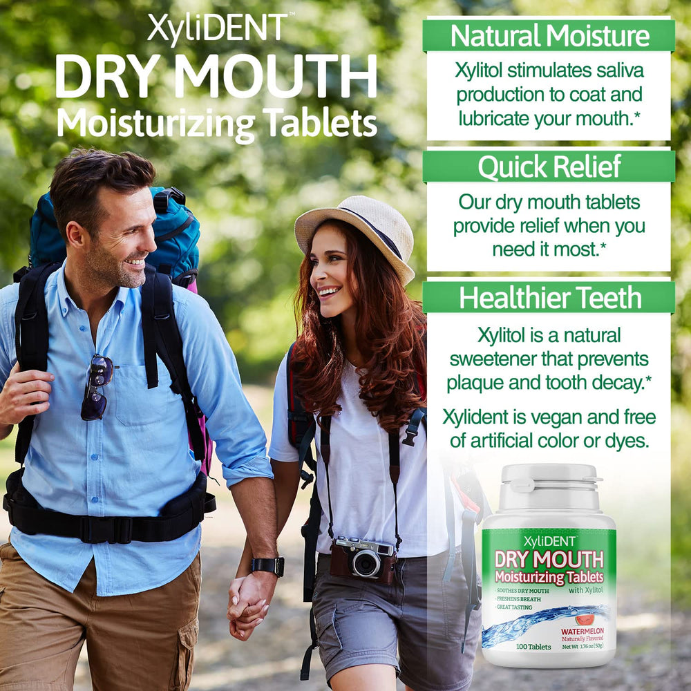 Close-up of XyliDENT dry mouth tablets showing mint flavor