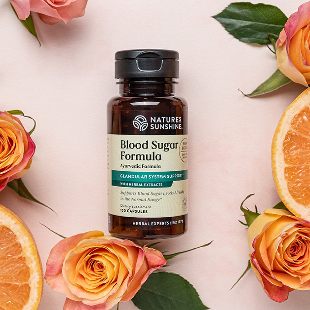 Close-up of capsules from Nature's Sunshine Blood Sugar Formula