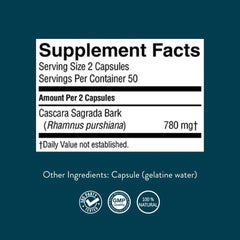 Nature's Sunshine Cascara Sagrada capsules being poured for convenient daily use.