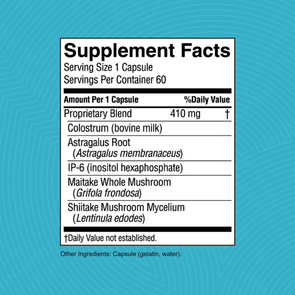 Colostrum capsules shown beside the bottle