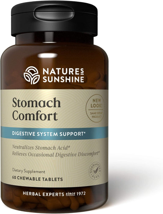 Nature's Sunshine Stomach Comfort bottle front highlights chewables for daily digestive support