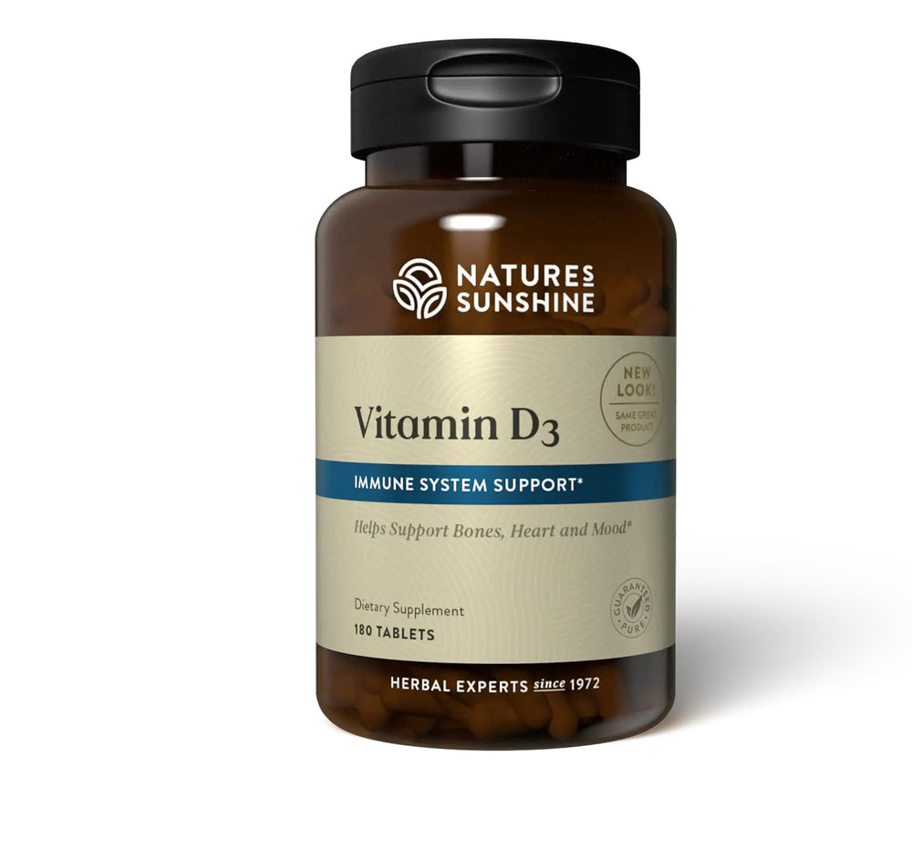 Nature's Sunshine Vitamin D3 bottle illustrating daily dosage for bone health