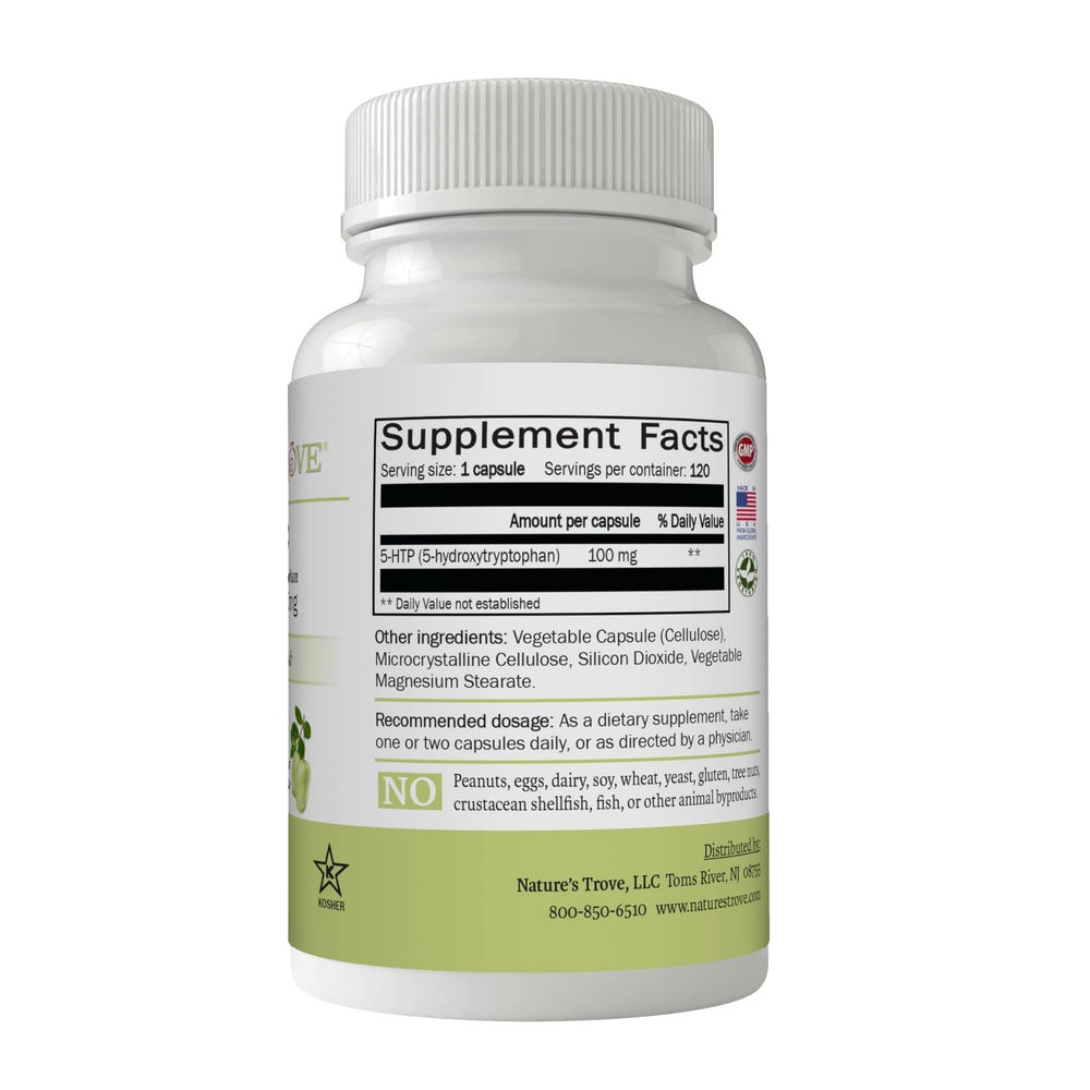 Close-up of Nature's Trove 5-HTP 100mg capsules