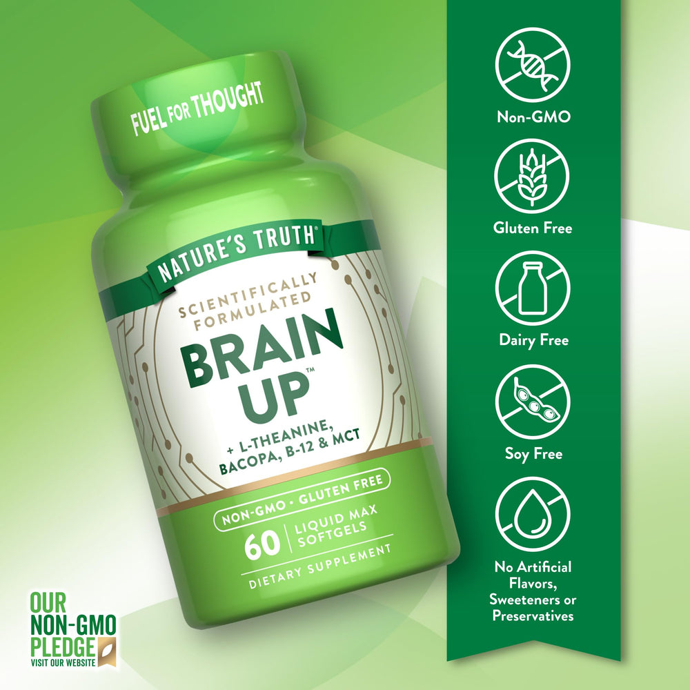 Close-up of Nature's Truth Brain Up Softgels bottle and label