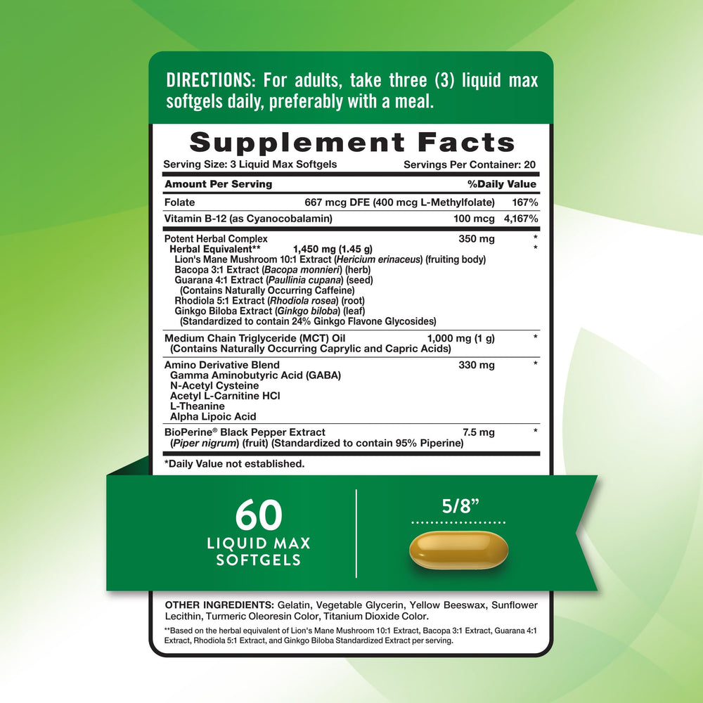 Non-GMO and gluten-free Brain Up Softgels label