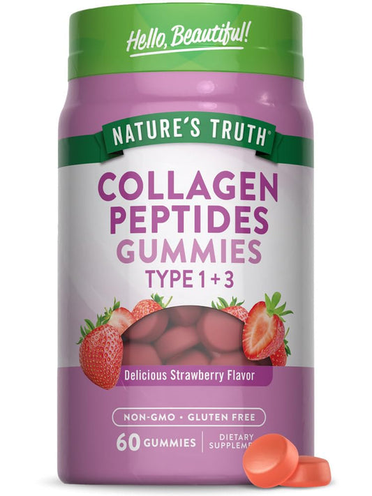 Front view of Nature's Truth Collagen Peptide Gummies for Women Strawberry 60 Count bottle