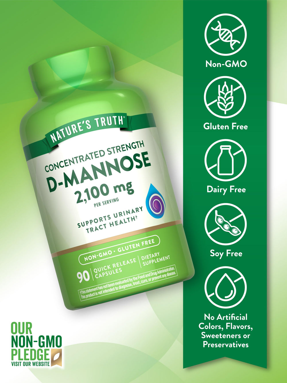 Close-up of D-Mannose Capsules bottle label showing 2100 mg per serving