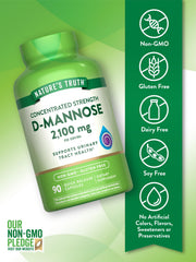 Close-up of D-Mannose Capsules bottle label showing 2100 mg per serving