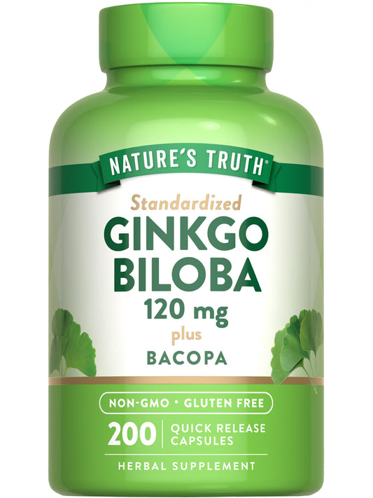 Bottle of Nature's Truth Ginkgo Biloba 120mg with Bacopa, 200 quick-release capsules
