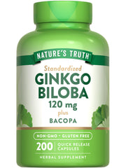 Bottle of Nature's Truth Ginkgo Biloba 120mg with Bacopa, 200 quick-release capsules