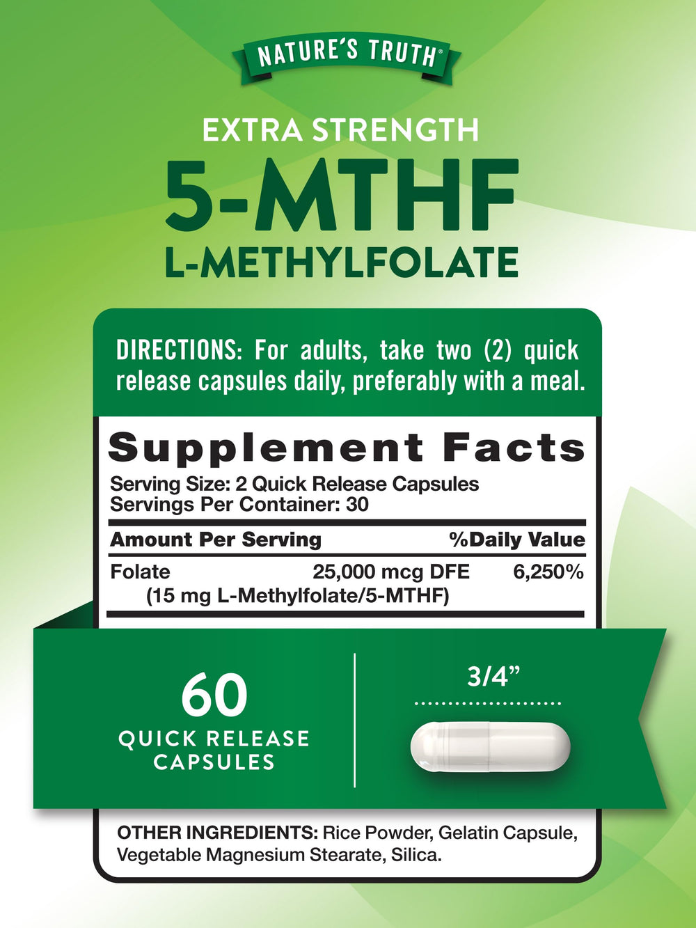 Label on Nature's Truth L-Methylfolate 15mg bottle.