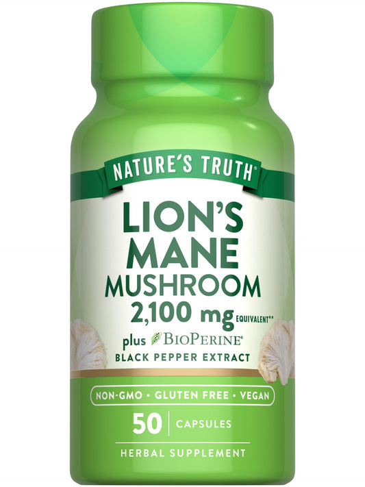Nature's Truth Lions Mane supplement bottle displaying 2100 mg per serving