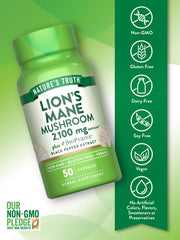 Back of Nature's Truth Lions Mane bottle highlighting non-GMO and gluten-free