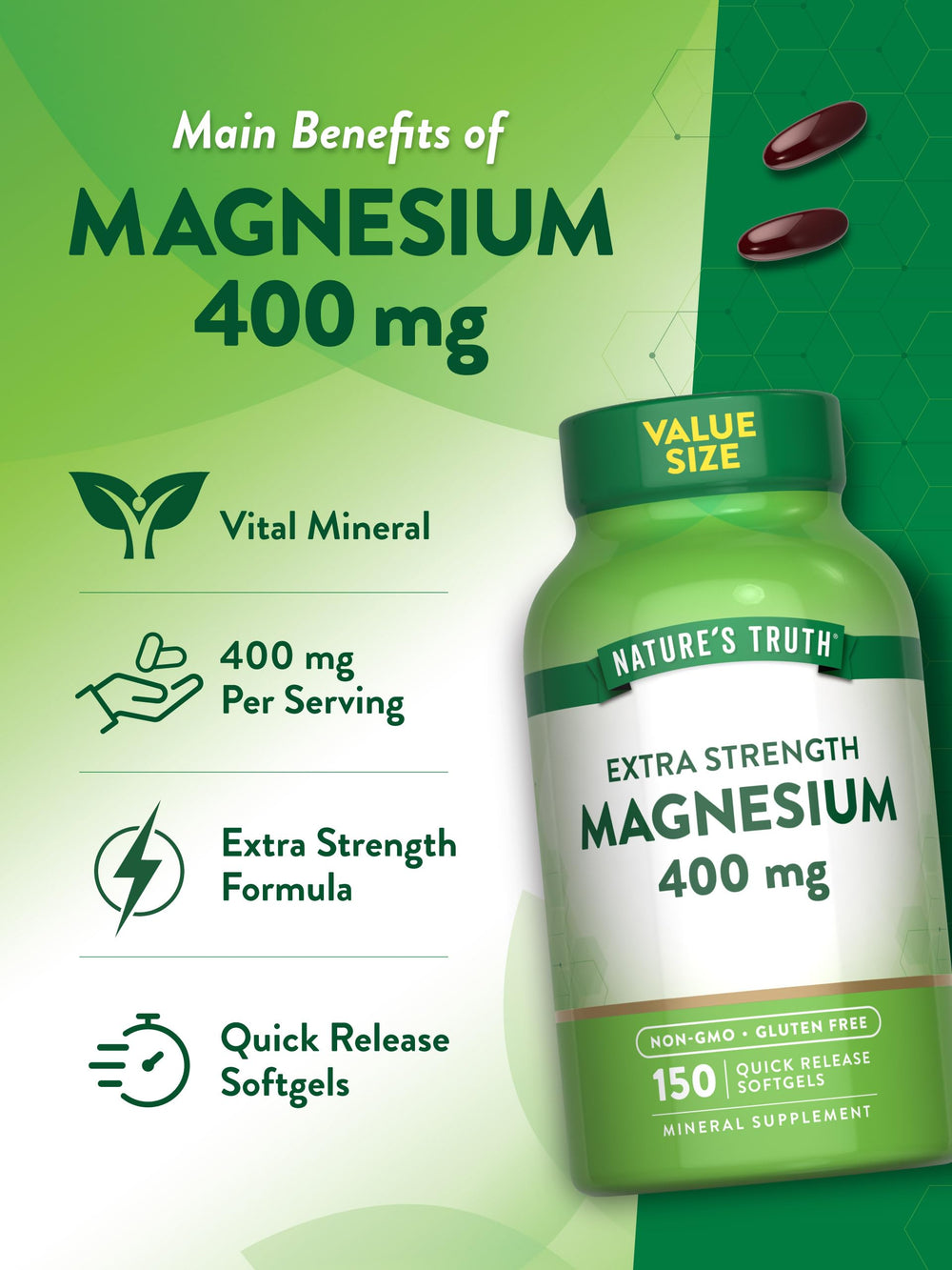 Nutrition facts panel for Nature's Truth Magnesium 400mg softgel