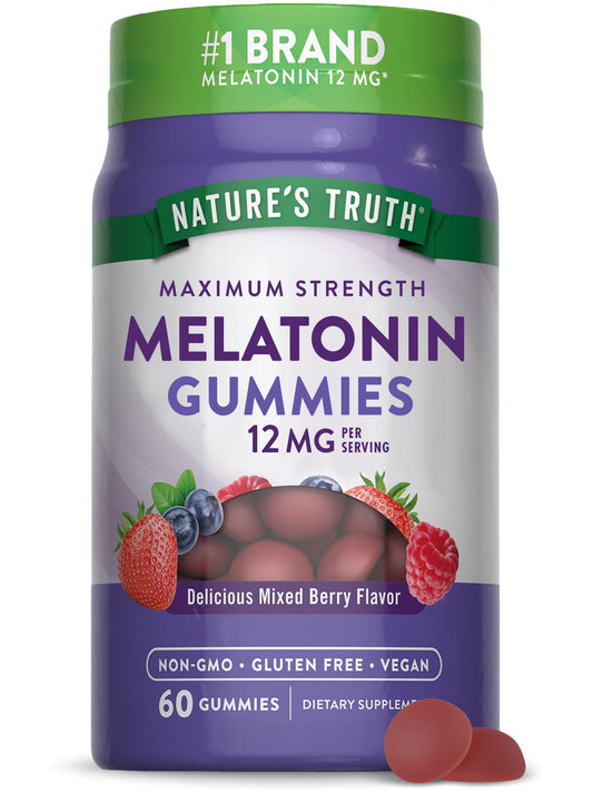 Front view of Nature's Truth Melatonin Gummies 12 mg Mixed Berry bottle