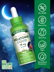 Nature's Truth Melatonin Liquid bottle and label on dark background